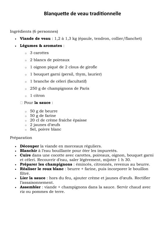 Blanquette de veau traditionnelle